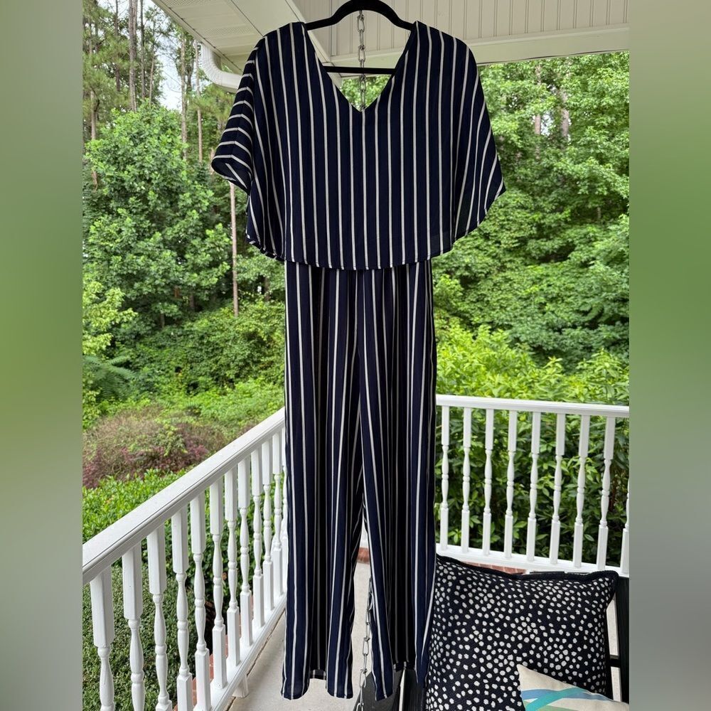 Magnolia Skye Navy and White Striped Jumpsuit. Size S